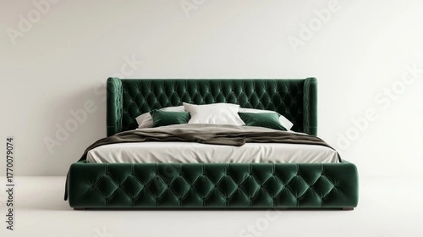 Fototapeta A luxurious upholstered bed frame with tufted headboard velvet texture in deep emerald green solid off-white background contemporary bedroom 