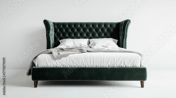 Fototapeta A luxurious upholstered bed frame with tufted headboard velvet texture in deep emerald green solid off-white background contemporary bedroom 