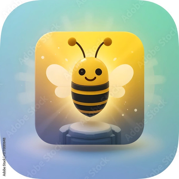 Fototapeta Adorable 3D Cartoon Bee Icon - Shiny & Playful Digital Art