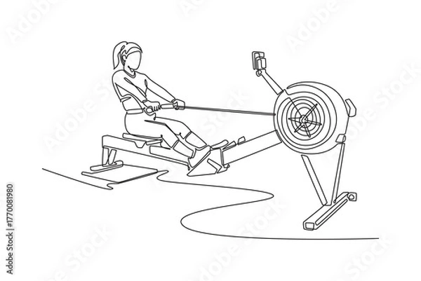 Fototapeta Single continuous line drawing active woman is performing full-body cardio workout on rowing machine. Endurance, focus, and dynamic fitness training. One line draw graphic design vector illustration