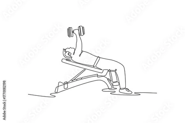 Obraz Single one line drawing young man is performing a dumbbell press on an incline bench, illustrating strength, focus, and intense chest training. Continuous line draw design graphic vector illustration