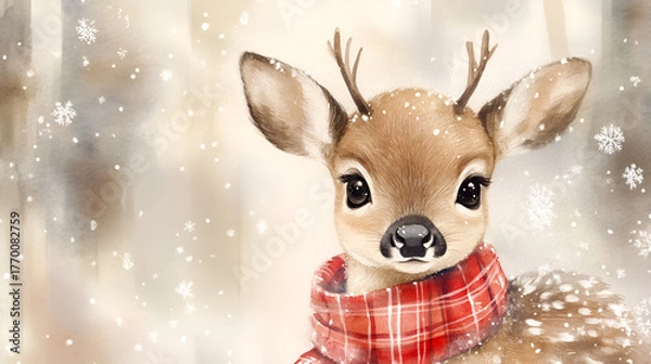 Fototapeta Cute deer illustration with a red scarf in a snowy winter forest festive holiday design for greeting cards and seasonal decorations