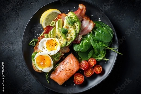 Fototapeta Delicious healthy breakfast plate with avocado toast, smoked salmon, poached eggs, fresh cherry tomatoes, and spinach on a black background - nutritious gourmet meal vibrant colors
