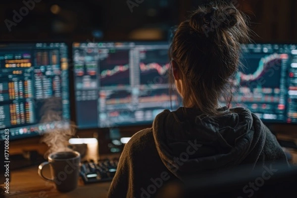 Obraz Focused woman stock trader analyzing financial data multiple monitors stock market trading desk nighttime analysis charts graphs financial indicators investment strategy