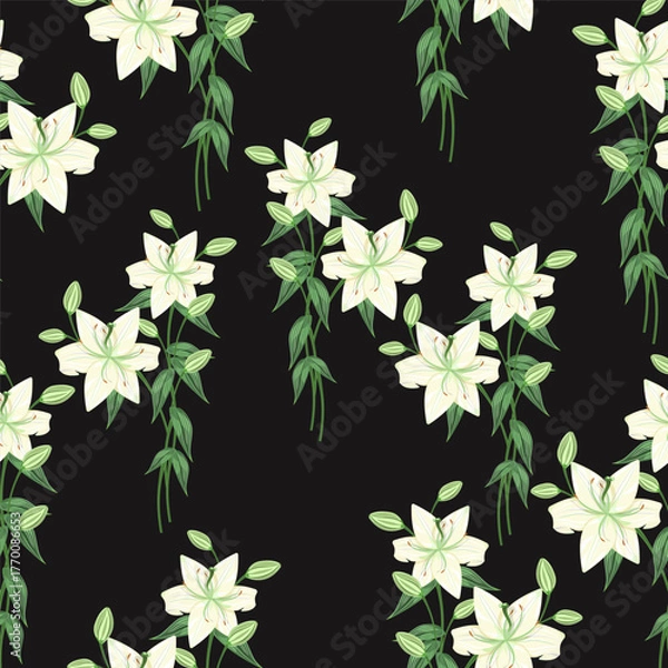 Obraz Seamless pattern of white lily flowers on a black background. Vector floral pattern for textiles, backgrounds, and wallpapers.