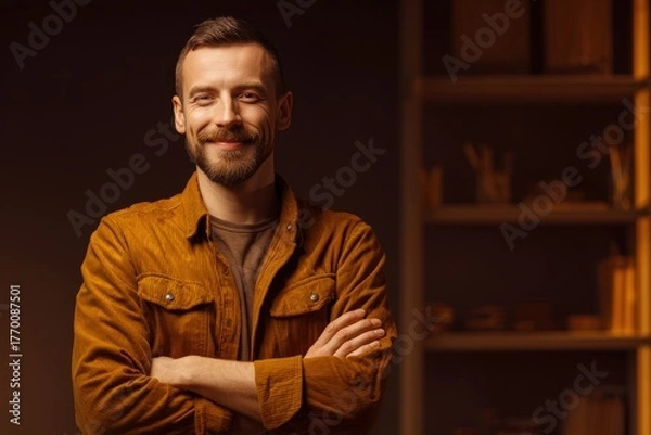 Obraz Confident smiling man standing in casual attire inside cozy modern home or office environment with crossed arms warm light professional portrait relaxed atmosphere self-assured youthful energy