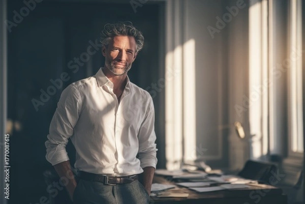 Fototapeta Confident mature businessman standing in elegant office with natural light professional leadership executive success modern workspace focus determination entrepreneurial mindset