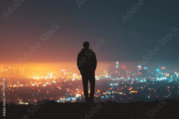Obraz Silhouette of person standing on hill overlooking city lights at dusk urban landscape night time solitude peaceful introspective feeling beautiful cityscape glowing horizon standing man