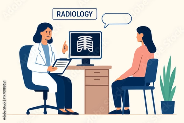 Fototapeta Flat vector of radiologist discussing post-scan follow-up with patient in office