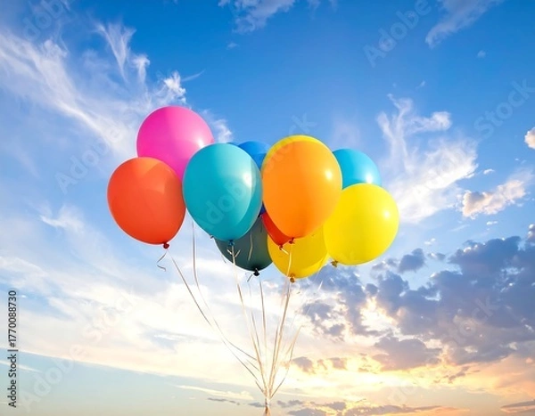 Obraz A colorful bundle of balloons floats against a bright, cloudy sky