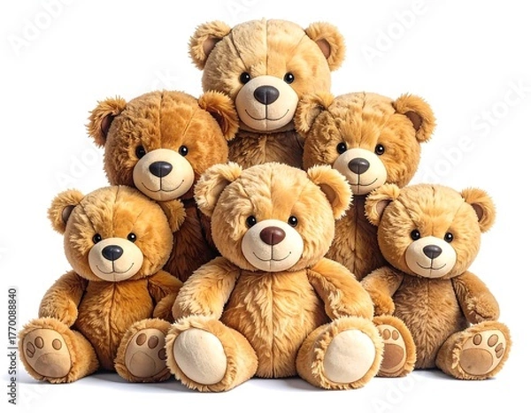 Obraz A cluster of fluffy brown teddy bears arranged on a white background