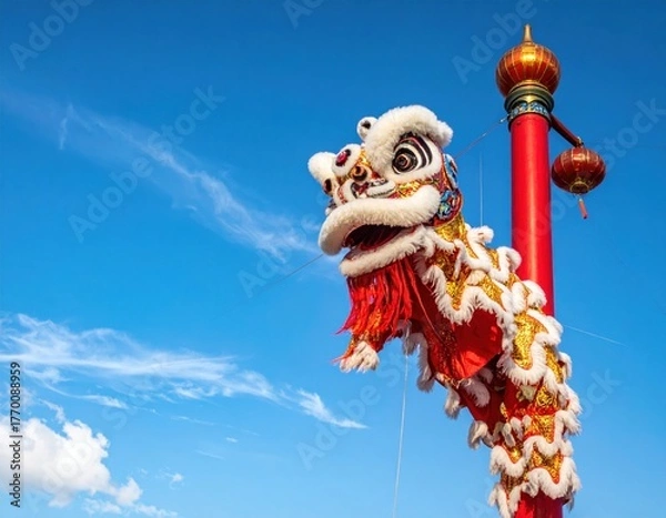 Obraz A colorful dragon dances beside a pillar against a bright, cloudy sky