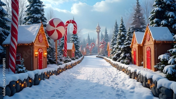 Fototapeta a festive, snowy Christmas scene with a winding path. The path is lined with candy cane-shaped and swirl-patterned candy lights