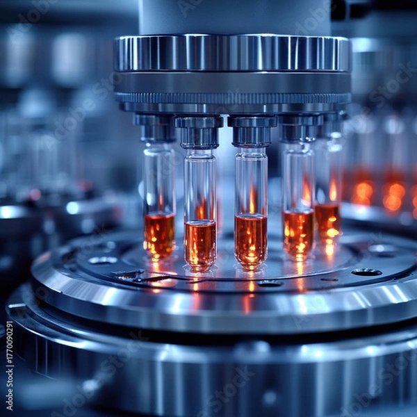 Obraz Centrifuge laboratory machine with glass test tubes and colored liquid, photorealism, macro close-up, artificial light, sharp details