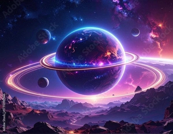 Obraz A cosmic landscape of planets and nebulae in vibrant celestial hues