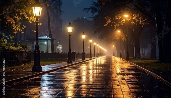 Fototapeta Evening stroll along a quiet, misty street with glowing lampposts at night