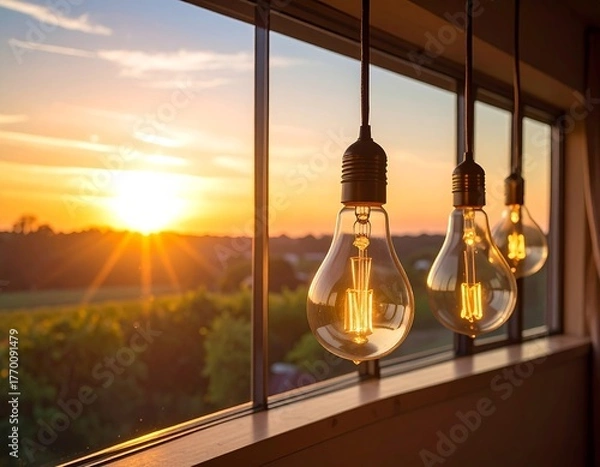 Fototapeta Sunset view with hanging light bulbs creating a warm atmosphere in a cozy room