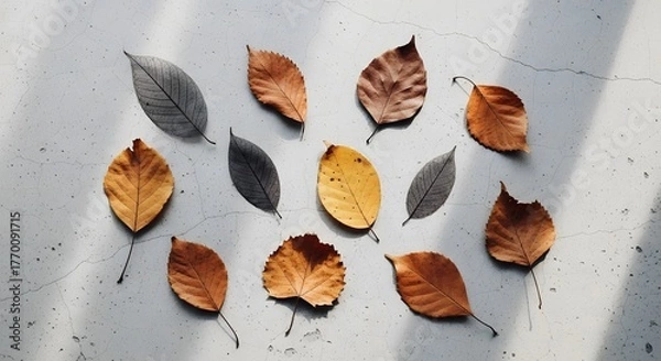 Fototapeta Autumn leaves assortment overhead view on textured surface
