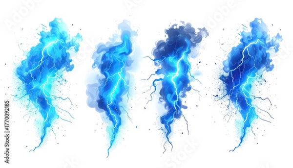 Obraz Four lightning strikes, various blues, on black, cloud-like