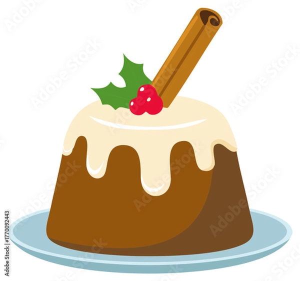 Fototapeta Festive Christmas pudding topped with icing, holly, berries and a cinnamon stick served on a plate