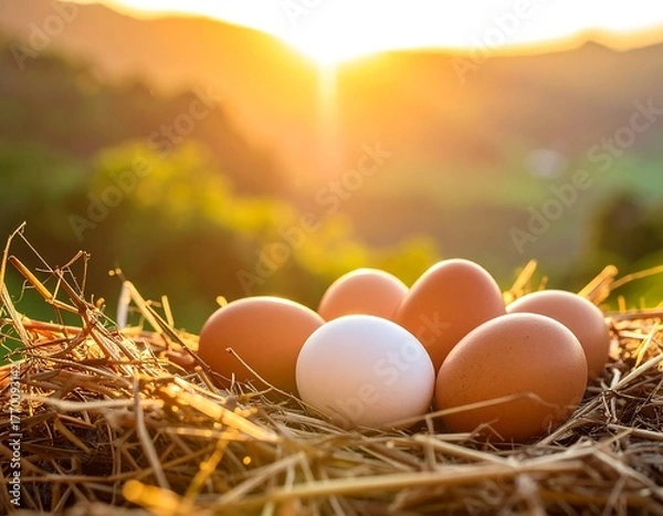 Obraz Freshly laid eggs nest in sunlight with blurred scenic background