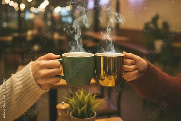 Obraz Two hands toasting steaming coffee drinks in warm lit cafe