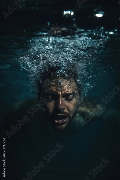Fototapeta Emotional Portrait of a Drowning Man Under the Water Surface