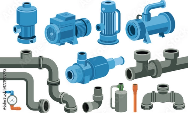 Obraz Technical illustration of industrial water pumps and pipe fittings, plumbing system components, engineering equipment vector design for maintenance and repair