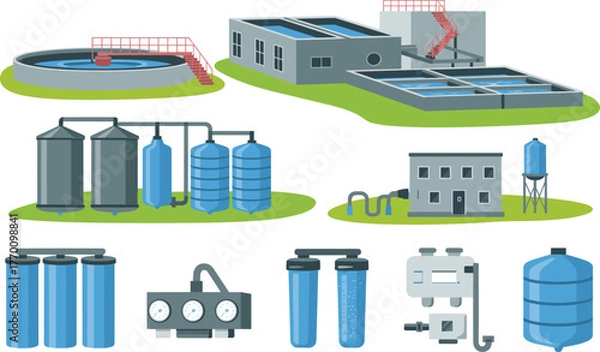 Obraz Water treatment plant illustration, wastewater purification system diagram, clean water filtration process, industrial facility design, environmental engineering concept art
