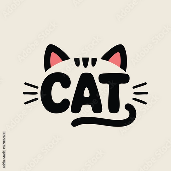 Fototapeta Cute Christmas typography badge with cat ears and whiskers integrated into the text in flat minimalist style