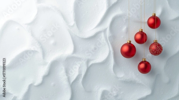 Fototapeta Red Matte Christmas Ornaments White Linen Background - Clean Festive Winter Season Banner Design