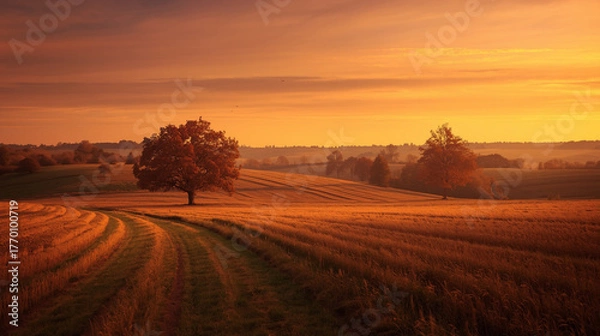 Fototapeta Golden Sunrise Agricultural Landscape Rolling Hills Solitary Tree - Peaceful Rural Countryside Dawn