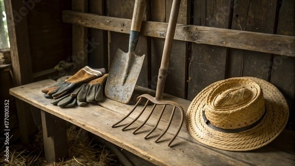 Fototapeta Rustic farm tools (spade, pitchfork), straw hat, and gloves on wooden bench in barn or shed.