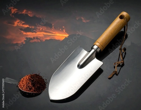 Fototapeta Garden trowel with wooden handle and scoop of brown soil, dark backdrop