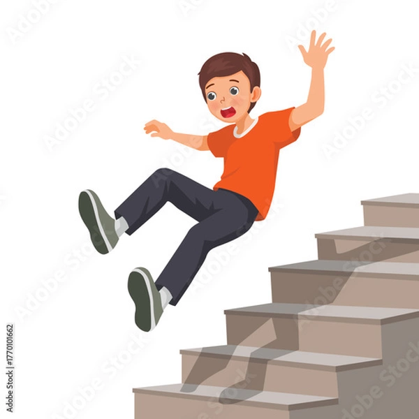 Fototapeta Young man falling down the stairs having accident slips on the staircase