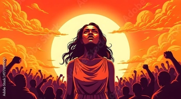 Obraz A determined woman stands strong against a vibrant, fiery sunset, surrounded by a cheering crowd with raised fists, symbolizing empowerment and collective action