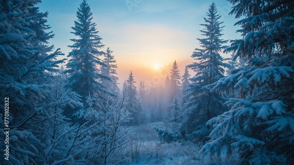 Obraz Snow-Covered Evergreen Trees Dawn Golden Sunrise - Serene Winter Forest Christmas Nature Scene