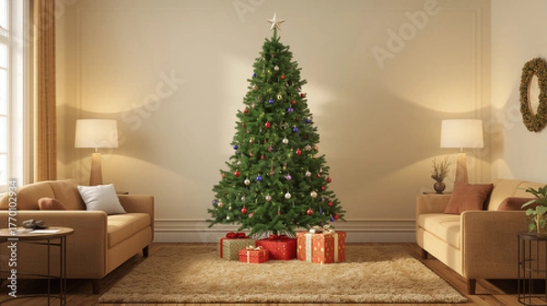 Fototapeta Traditional Xmas Tree Decorated Living Room Contemporary Style - Warm Cozy Holiday Home Interior