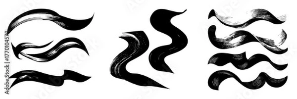 Fototapeta A modern set of wave acrylic paint brush strokes includes flowing 3D brushstrokes with blue and purple gradient colors and ribbon shapes with smooth transitions and textured edges