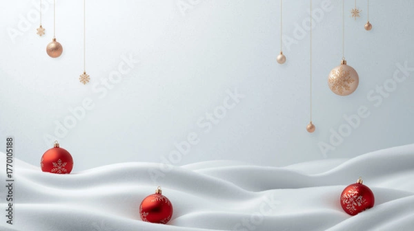Fototapeta Red Christmas Ornaments Hanging on White Snowy Background - Elegant Holiday Greeting Card Template with Copy Space