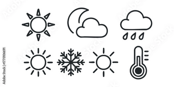 Fototapeta Set of weather icons including sun, moon, rain, snowflake, and thermometer