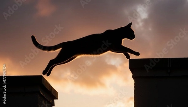 Obraz Athletic cat silhouette jumping between rooftops at sunset