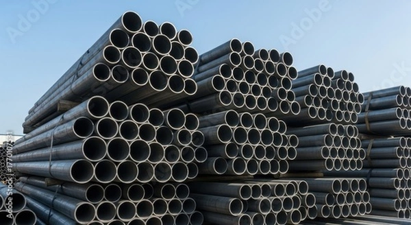 Fototapeta Piles of Steel Pipes Stacked in an Outdoor Construction Site