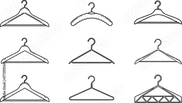 Fototapeta Clothes hanger, wire frame, padded hanger, plastic hook, silhouette icon, wardrobe tool, vector sketch, black outline, CAD style, flat illustration