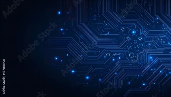 Fototapeta Abstract technological background with glowing circuit board lines and nodes, ideal for modern themes
