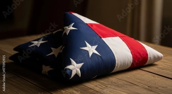 Fototapeta Closely Captured American Flag Neatly Folded on a Rustic Wood Surface