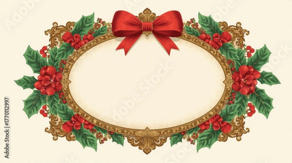 Fototapeta Christmas Oval Frame with Holly and Bow, Elegant Vector for Personalized Holiday Greetings