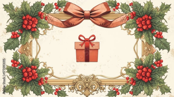 Fototapeta Christmas Gift Box with Holly Frame, Festive Vector for Holiday Cards and Invitations
