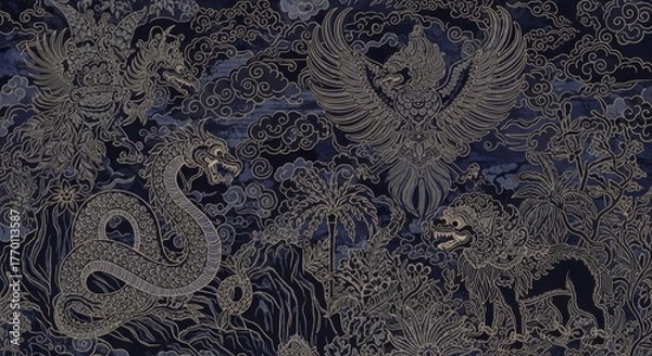 Fototapeta Intricate Digital Art Featuring Mythical Creatures and Tropical Jungle Flora