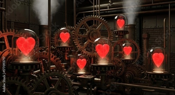 Fototapeta Steampunk Machine with Glowing Red Hearts Powered by Intricate Gears